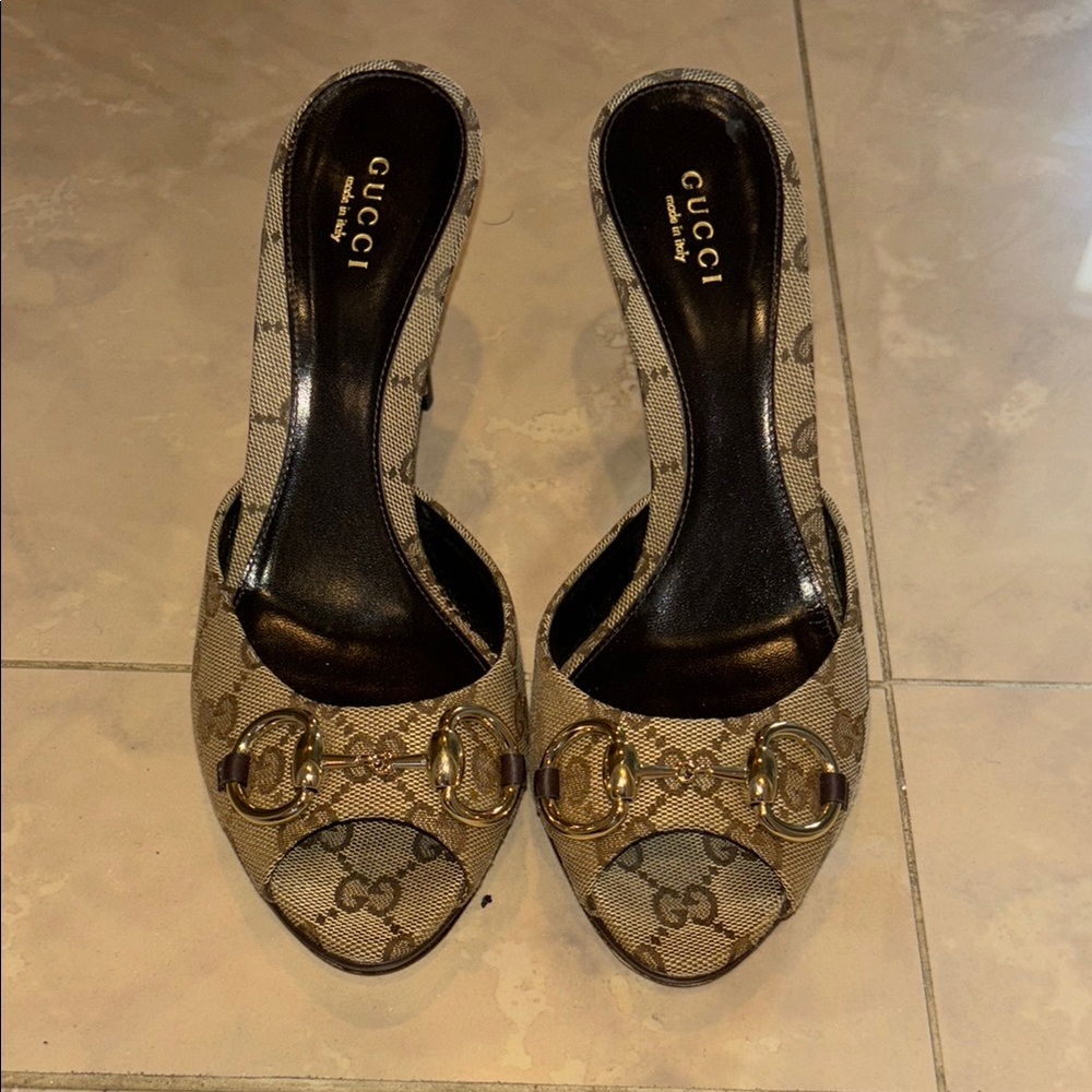 Gucci Tan Heels with Signature GG Print
